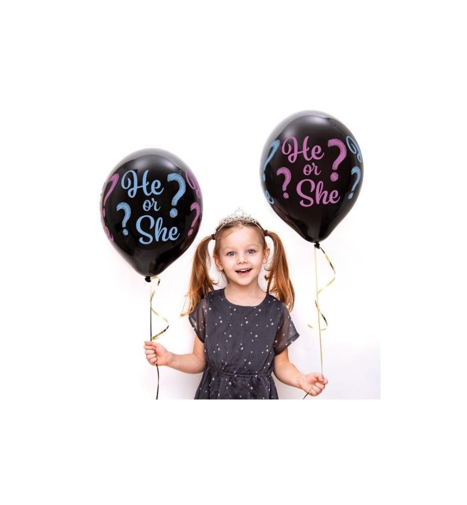 BELBAL - Ballon de baudruche He or She Bleu/Rose/Noir, Ø 30 cm, 50 pièces