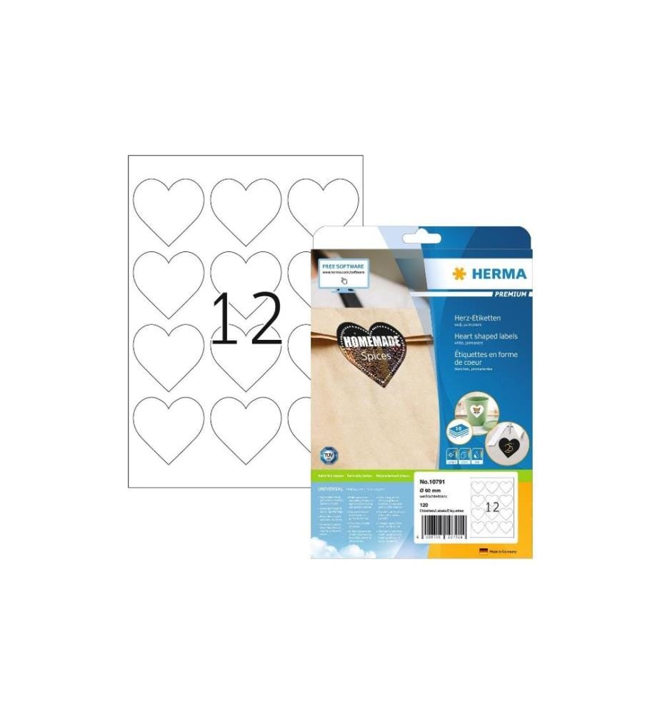 HERMA - Stickers Motivsticker Herzen Weiss, 10 Blatt mit je 12 Stickern