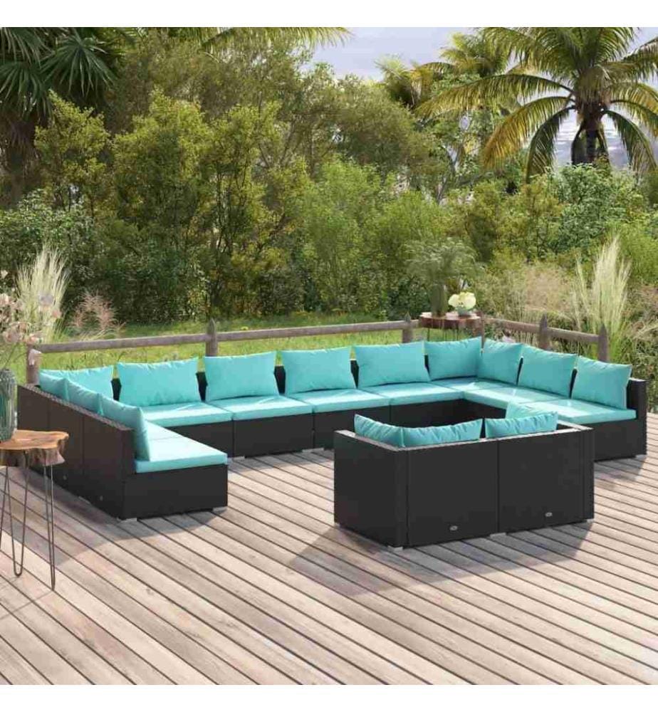 12-tlg. Garten-Lounge-Set mit Kissen Schwarz Poly Rattan
