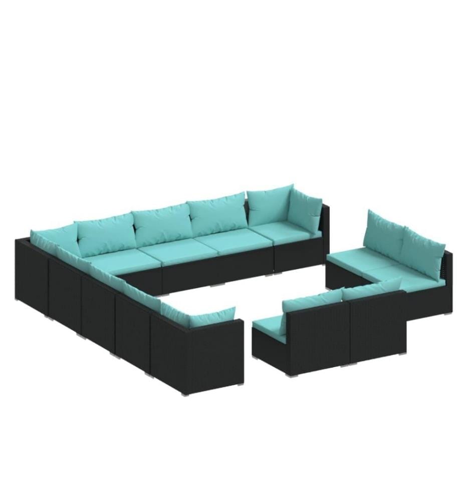 Salon de jardin 13 pcs avec coussins Noir Résine tressée