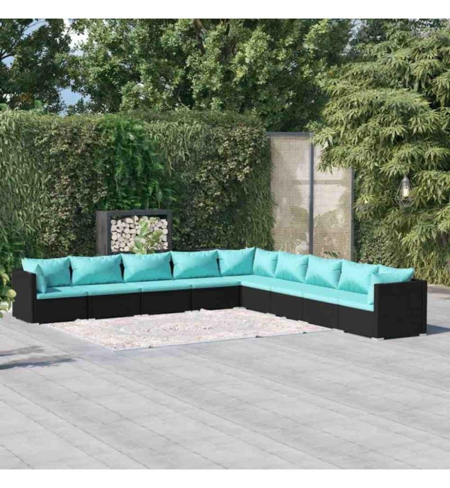 9-tlg. Garten-Lounge-Set mit Kissen Poly Rattan Schwarz