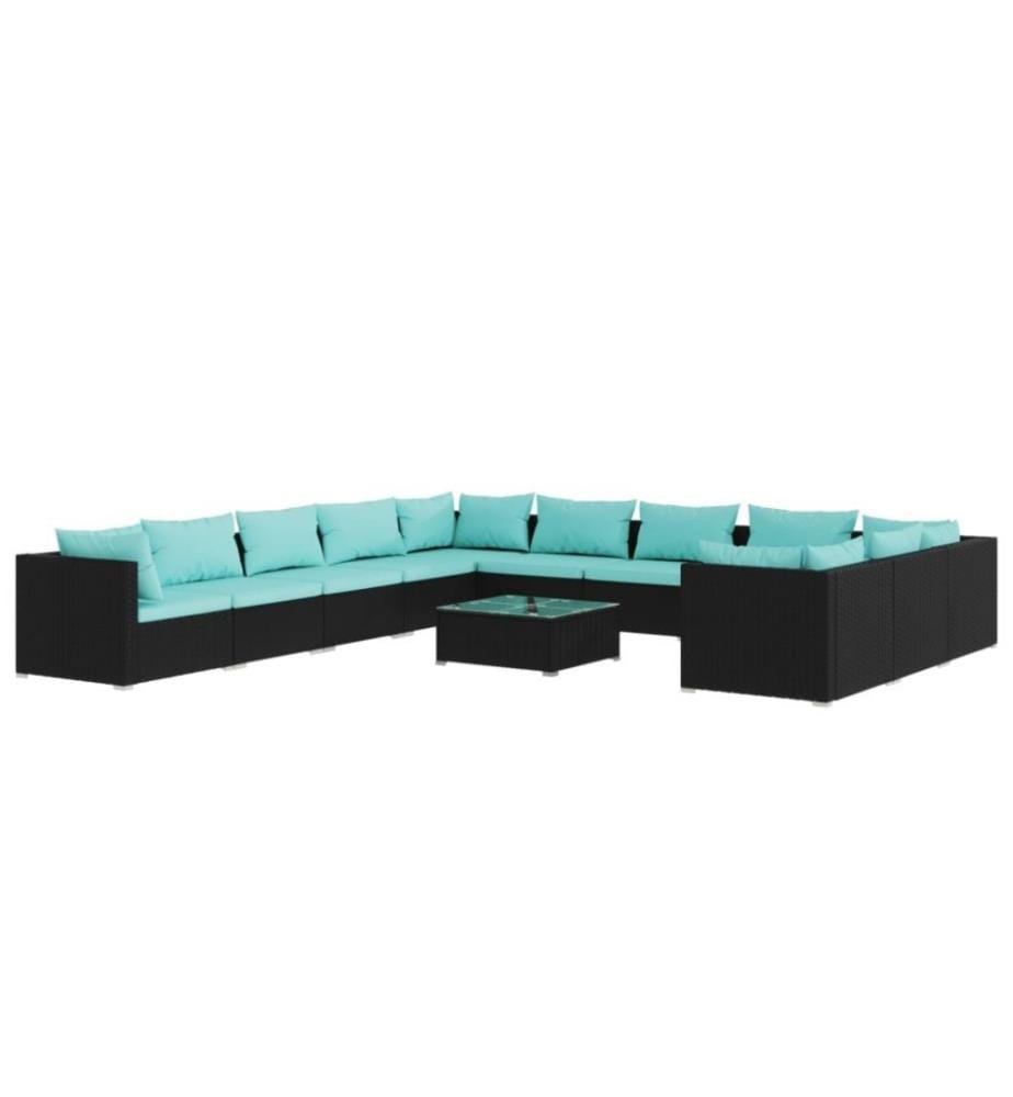 Salon de jardin 12 pcs avec coussins Résine tressée Noir
