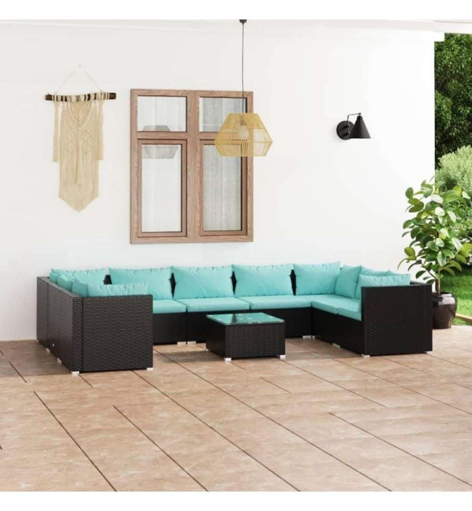 10-tlg. Garten-Lounge-Set mit Kissen Poly Rattan Schwarz