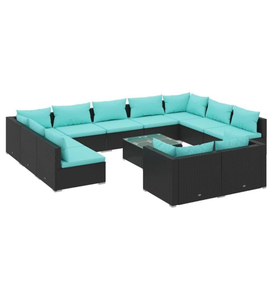 12-tlg. Garten-Lounge-Set mit Kissen Schwarz Poly Rattan