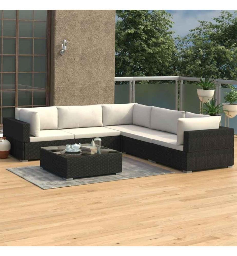 6-tlg. Garten-Lounge-Set mit Auflagen Poly Rattan Schwarz