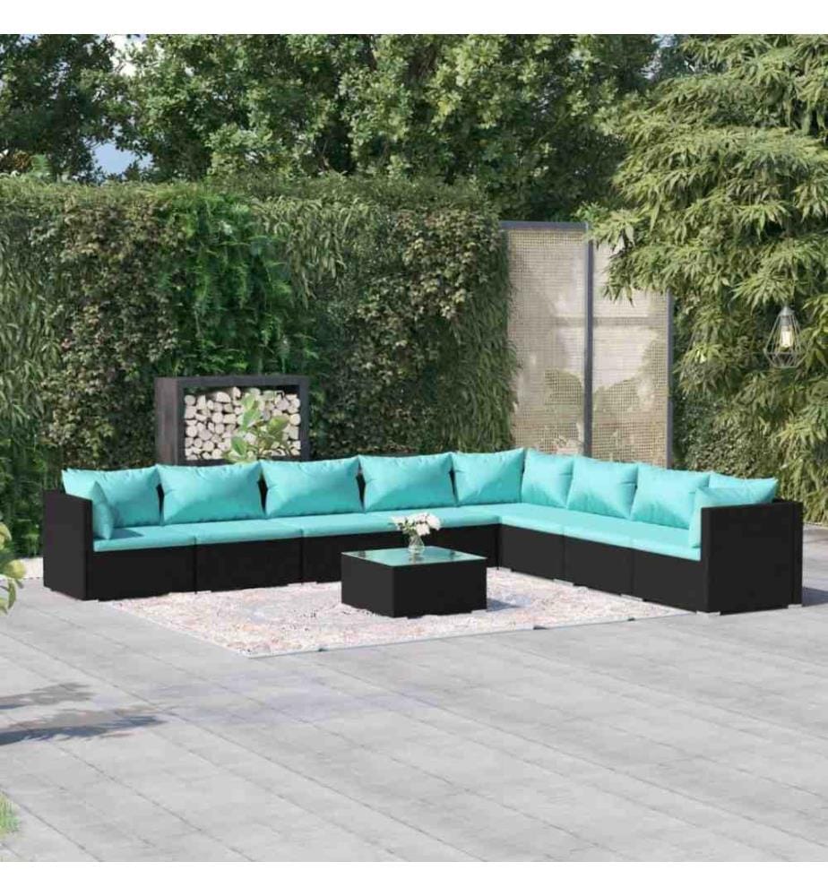 9-tlg. Garten-Lounge-Set mit Kissen Poly Rattan Schwarz