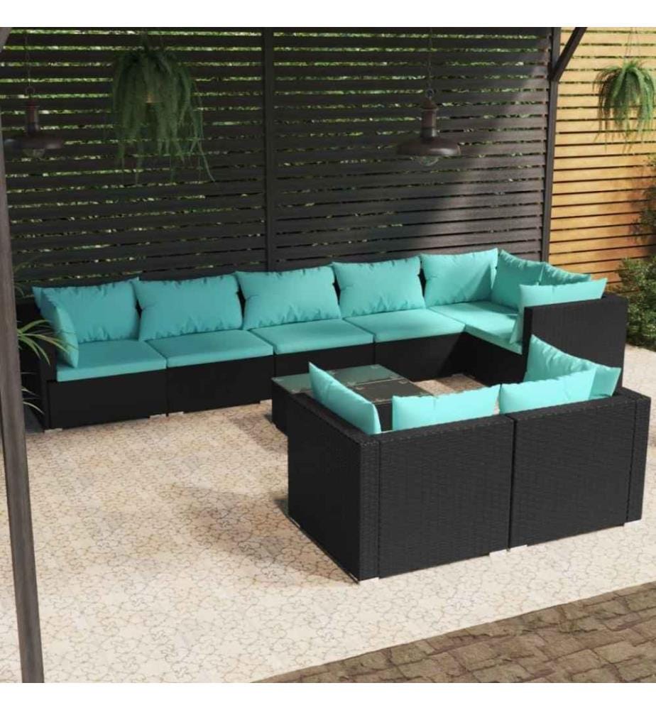 9-tlg. Garten-Lounge-Set mit Kissen Schwarz Poly Rattan