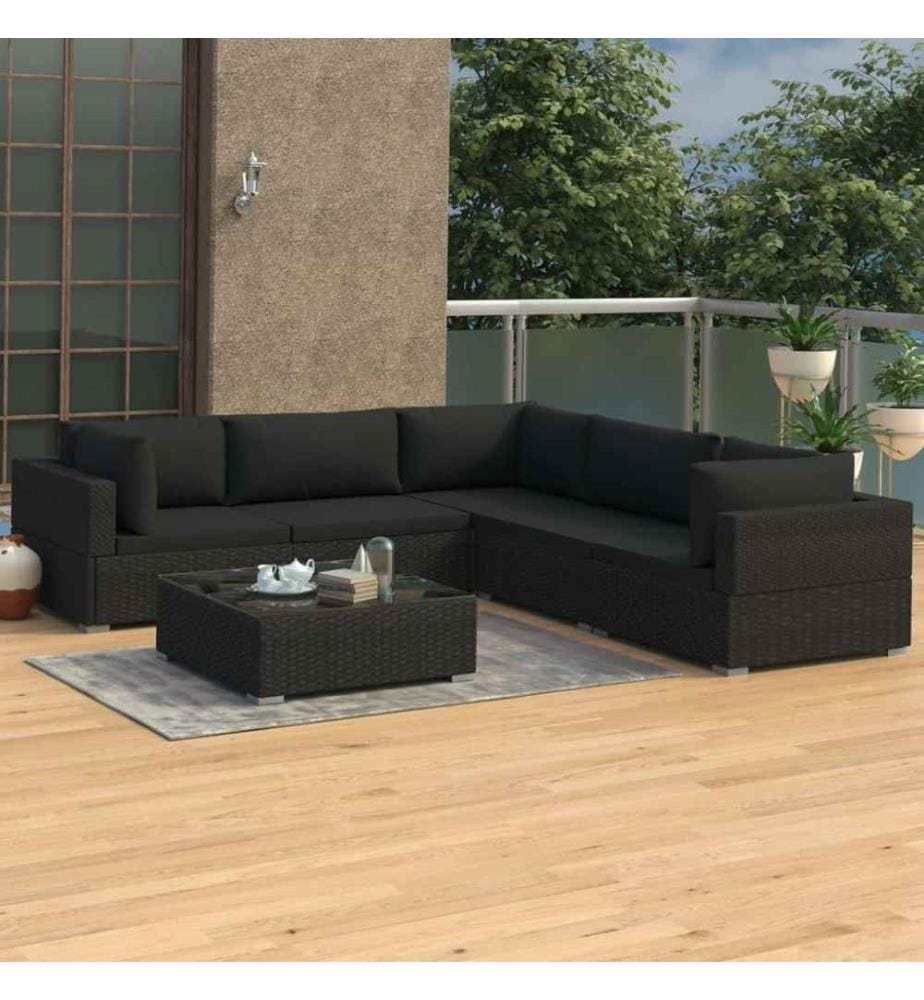 6-tlg. Garten-Lounge-Set mit Auflagen Poly Rattan Schwarz