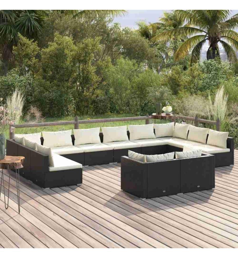12-tlg. Garten-Lounge-Set mit Kissen Schwarz Poly Rattan