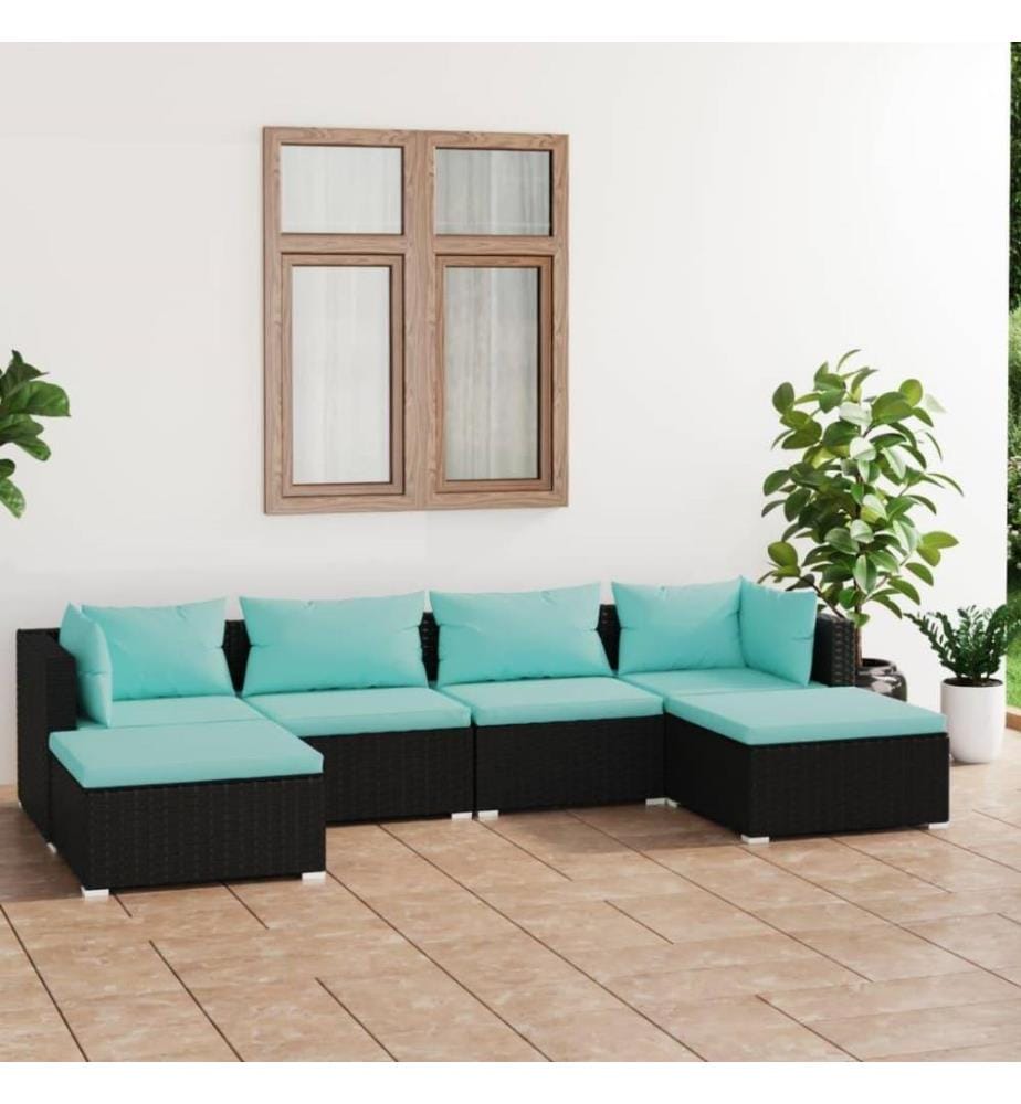 Salon de jardin 6 pcs avec coussins Résine tressée Noir