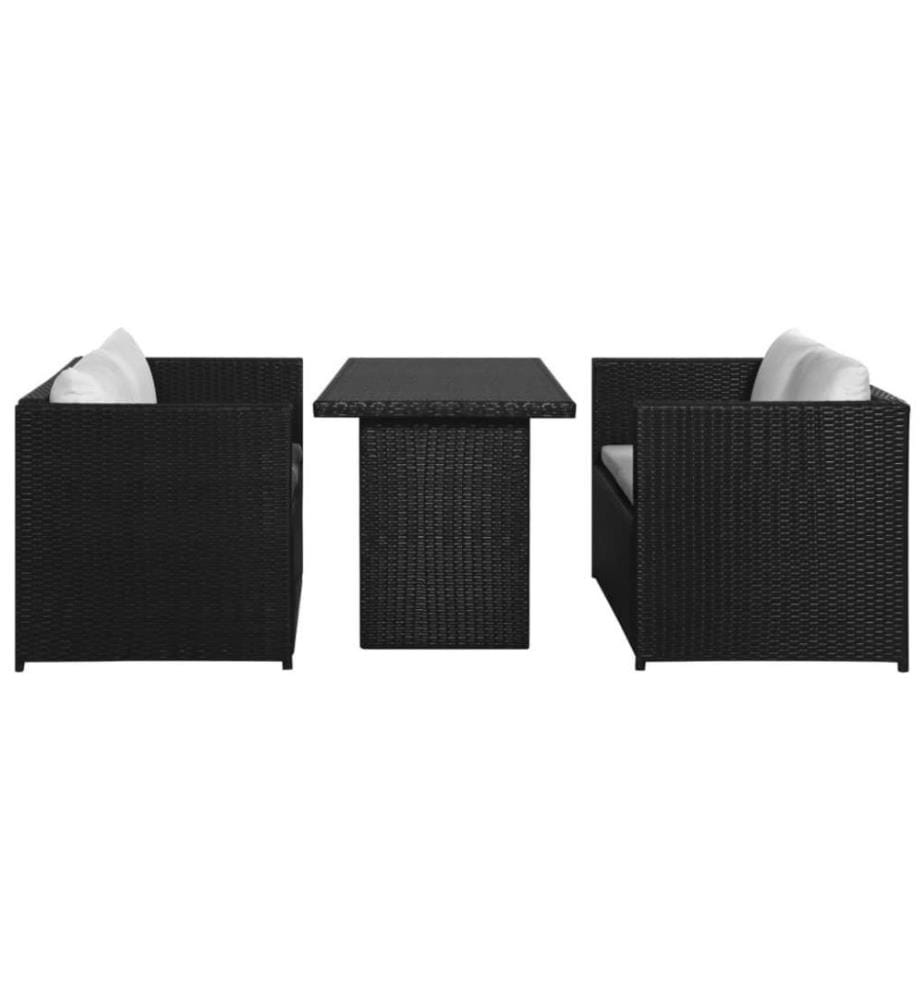 3-tlg. Garten-Lounge-Set mit Auflagen Poly Rattan Schwarz