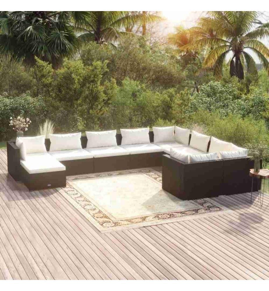 10-tlg. Garten-Lounge-Set mit Kissen Poly Rattan Schwarz