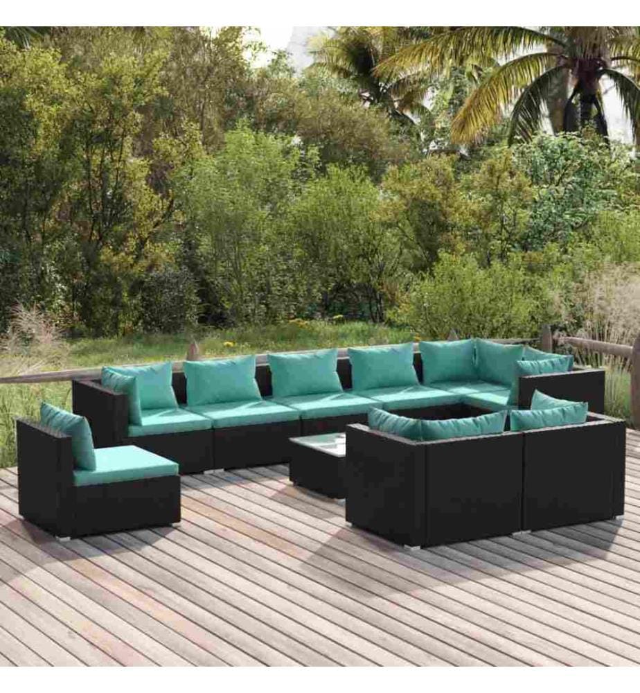 10-tlg. Garten-Lounge-Set mit Kissen Poly Rattan Schwarz