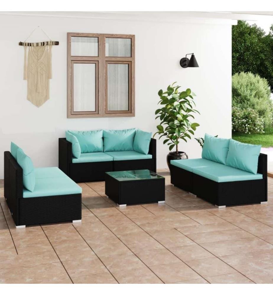 7-tlg. Garten-Lounge-Set mit Kissen Poly Rattan Schwarz