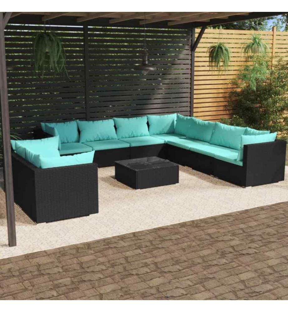 10-tlg. Garten-Lounge-Set mit Kissen Schwarz Poly Rattan