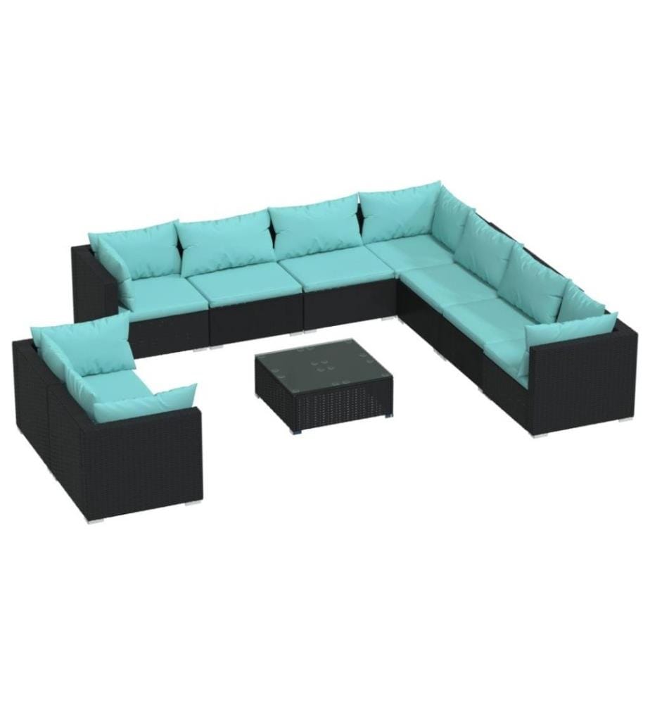 10-tlg. Garten-Lounge-Set mit Kissen Schwarz Poly Rattan
