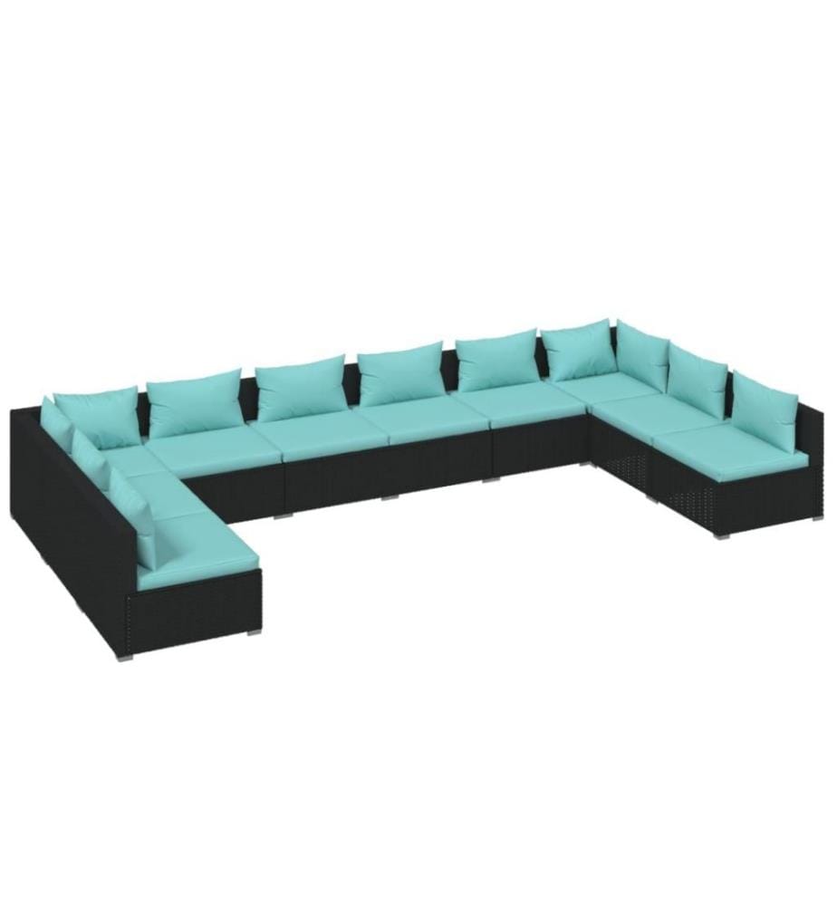 10-tlg. Garten-Lounge-Set mit Kissen Poly Rattan Schwarz