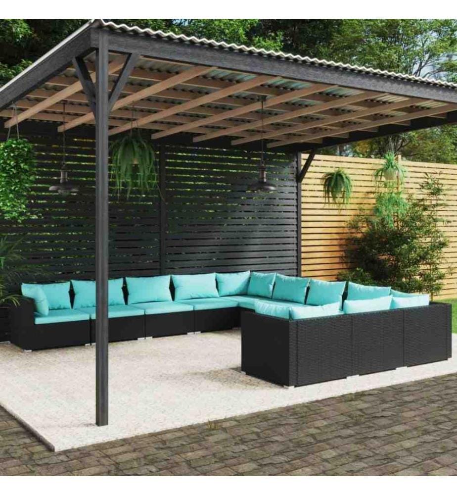 11-tlg. Garten-Lounge-Set mit Kissen Poly Rattan Schwarz