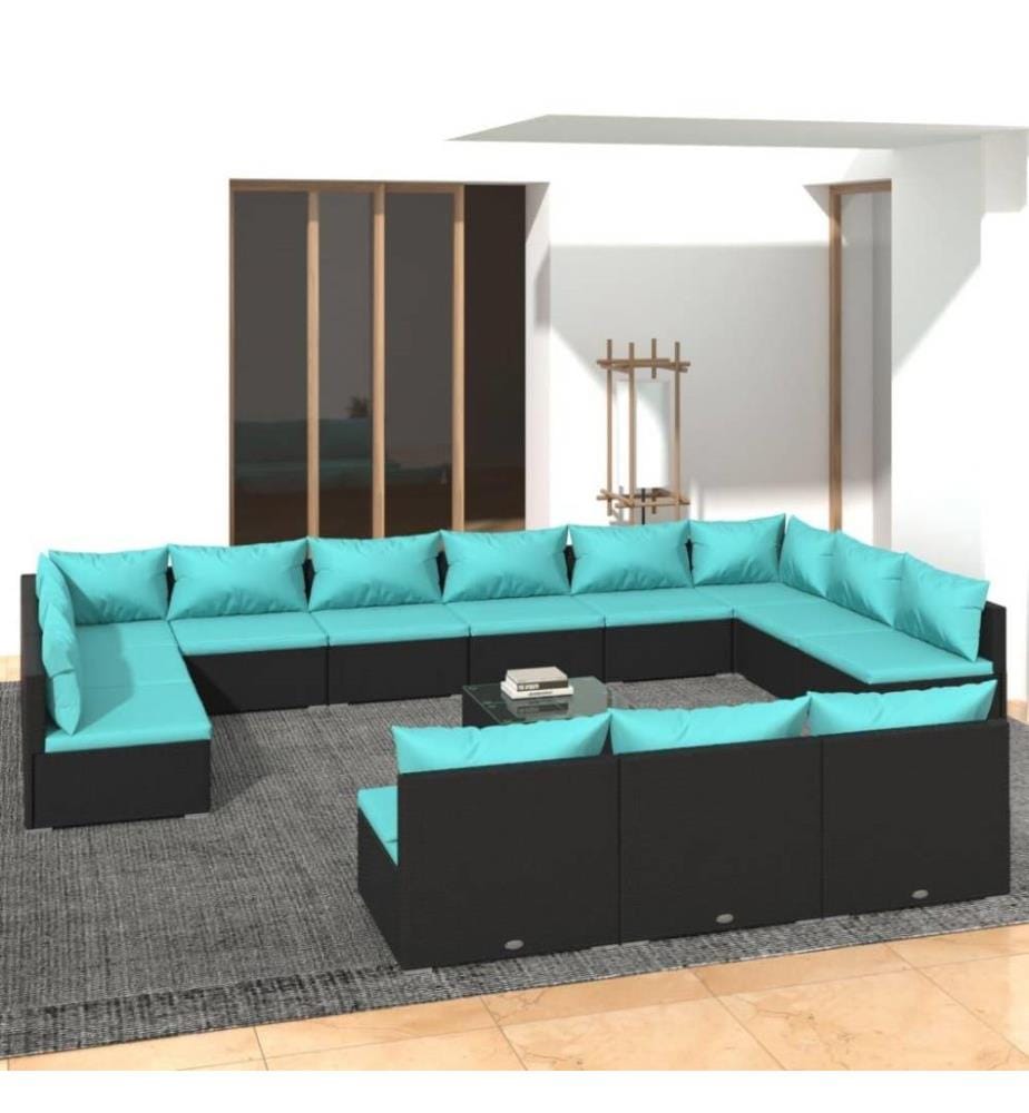 14-tlg. Garten-Lounge-Set mit Kissen Schwarz Poly Rattan