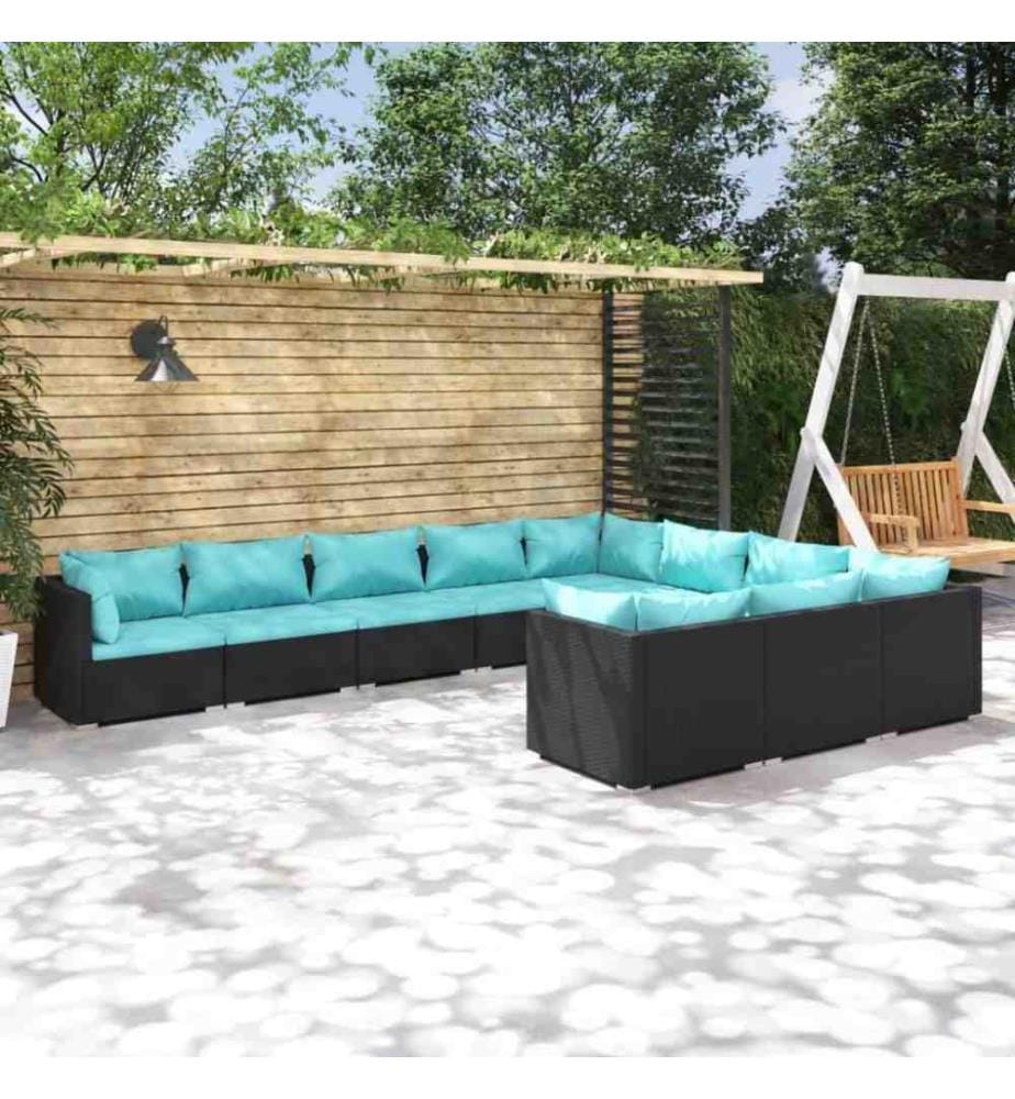 10-tlg. Garten-Lounge-Set mit Kissen Poly Rattan Schwarz