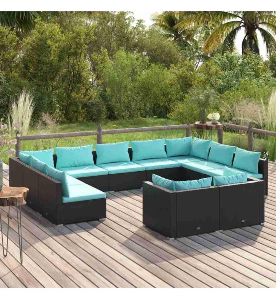 11-tlg. Garten-Lounge-Set mit Kissen Schwarz Poly Rattan
