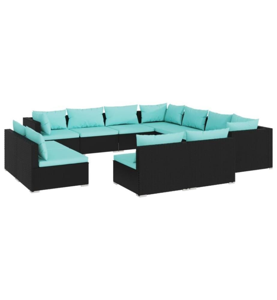 11-tlg. Garten-Lounge-Set mit Kissen Schwarz Poly Rattan