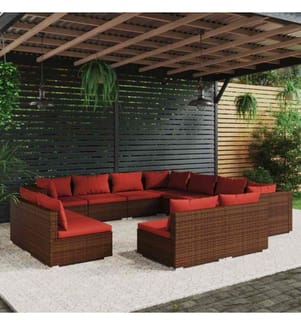 11-tlg. Garten-Lounge-Set mit Kissen Braun Poly Rattan
