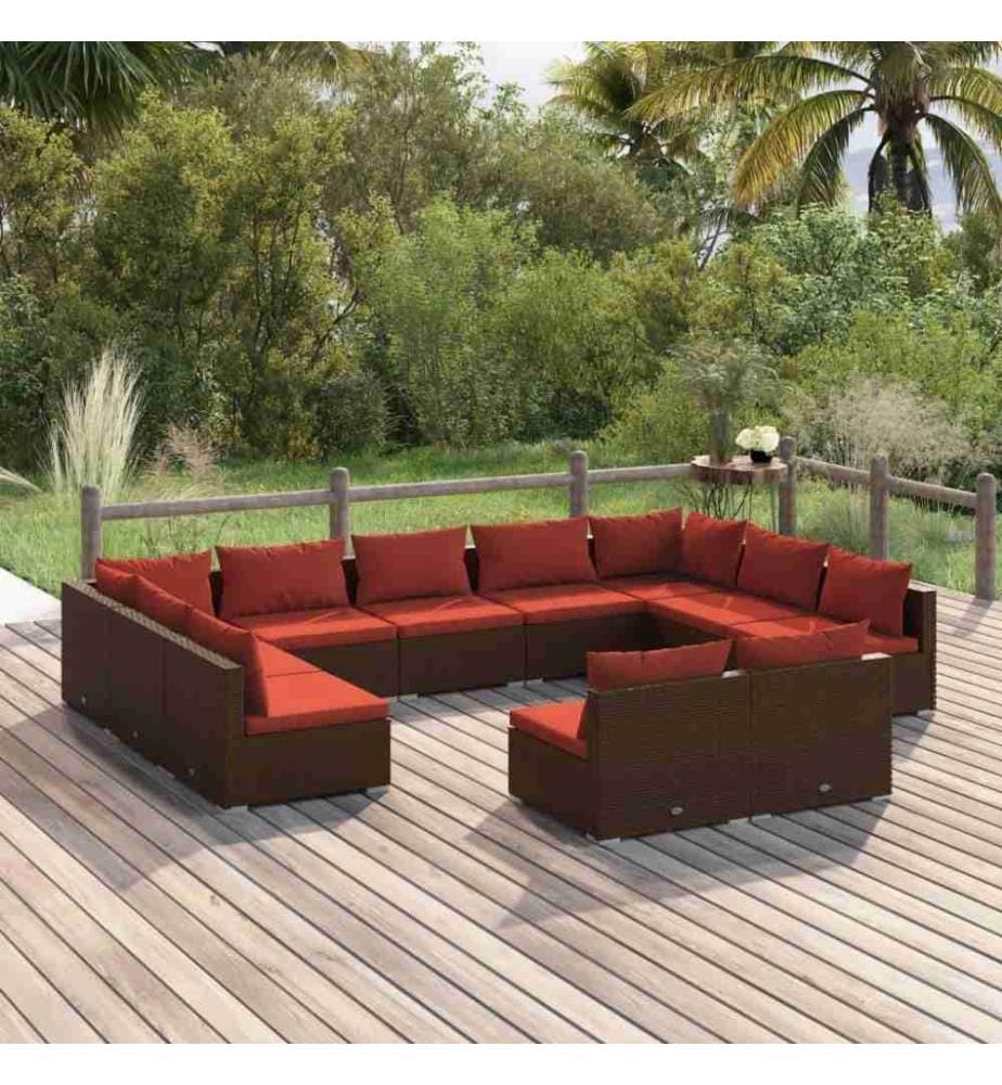 Salon de jardin 11 pcs avec coussins Marron Résine tressée