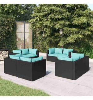 Salon de jardin 8 pcs avec coussins Résine tressée Noir