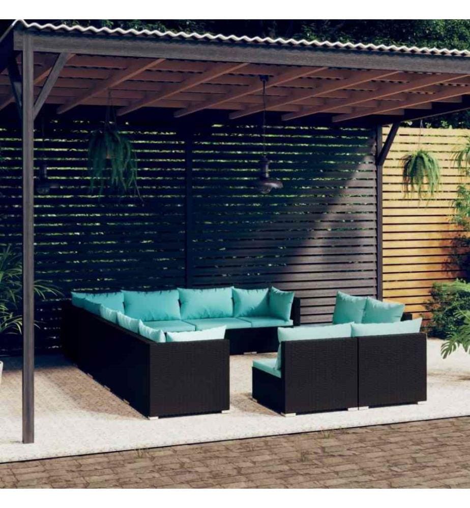 12-tlg. Garten-Lounge-Set mit Kissen Schwarz Poly Rattan