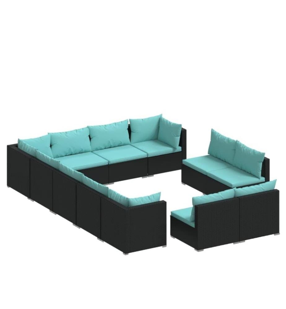 12-tlg. Garten-Lounge-Set mit Kissen Schwarz Poly Rattan