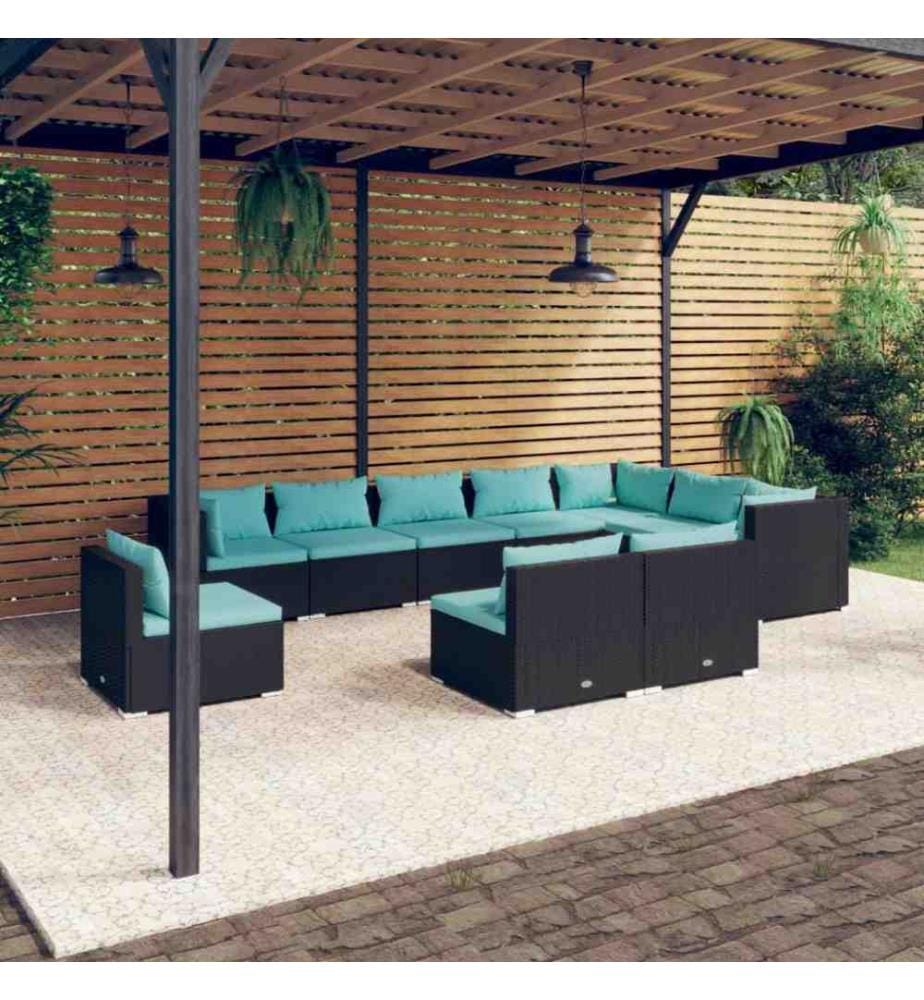 10-tlg. Garten-Lounge-Set mit Kissen Poly Rattan Schwarz