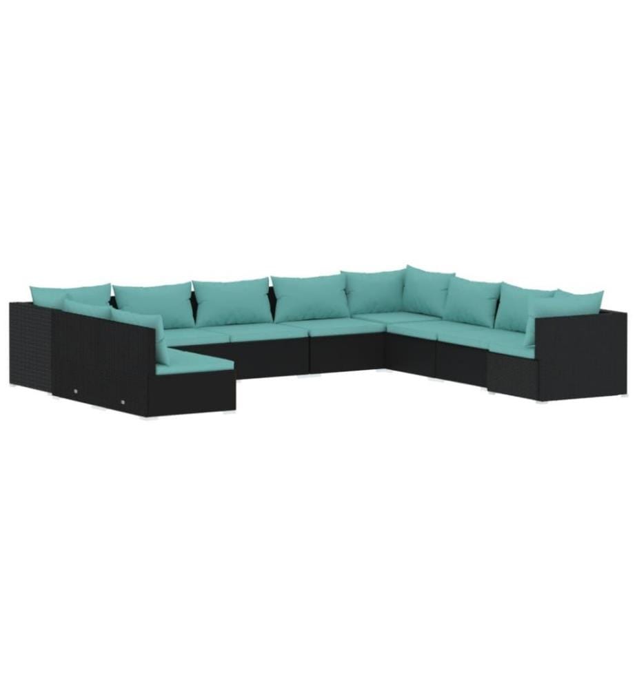 10-tlg. Garten-Lounge-Set mit Kissen Schwarz Poly Rattan