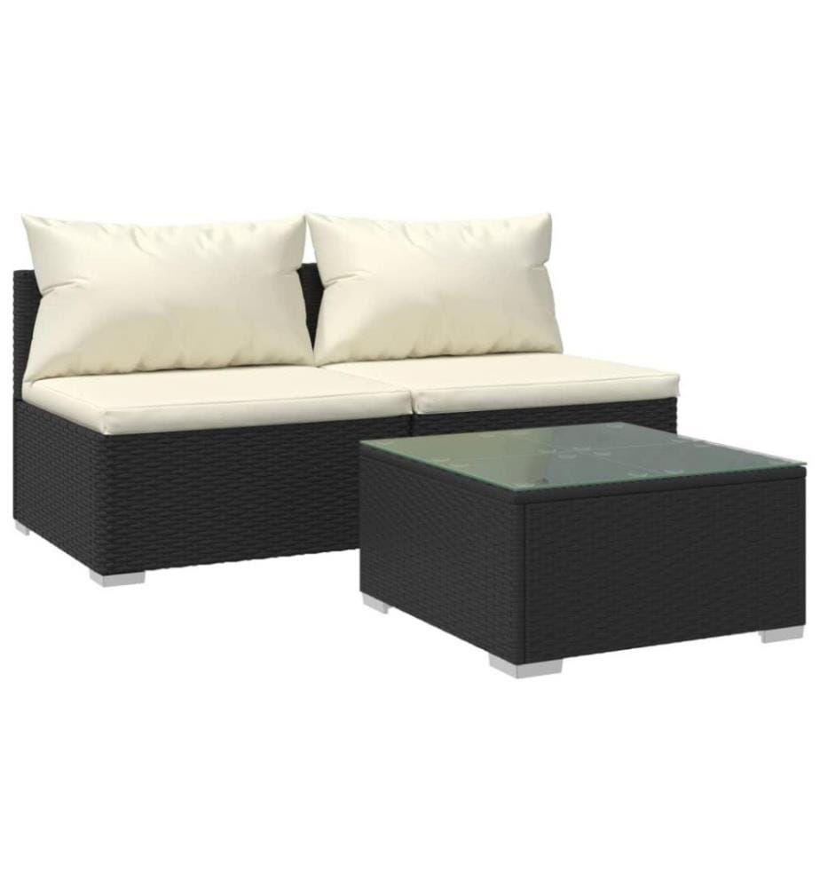 3-tlg. Garten-Lounge-Set mit Kissen Poly Rattan Schwarz