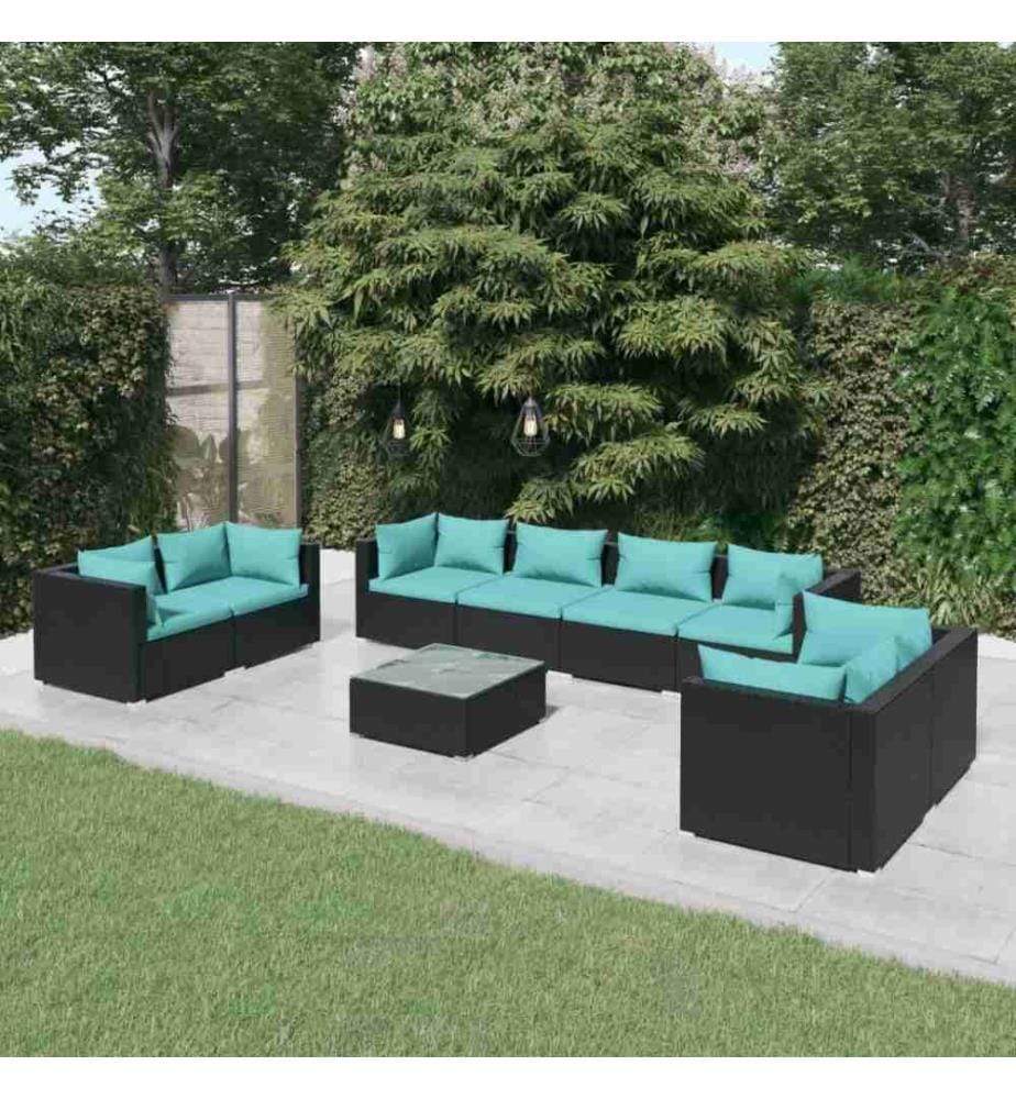 9-tlg. Garten-Lounge-Set mit Kissen Poly Rattan Schwarz