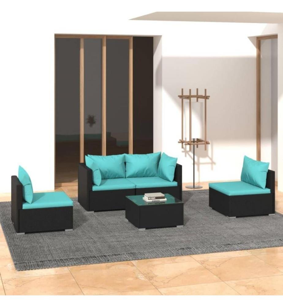 5-tlg. Garten-Lounge-Set mit Kissen Poly Rattan Schwarz