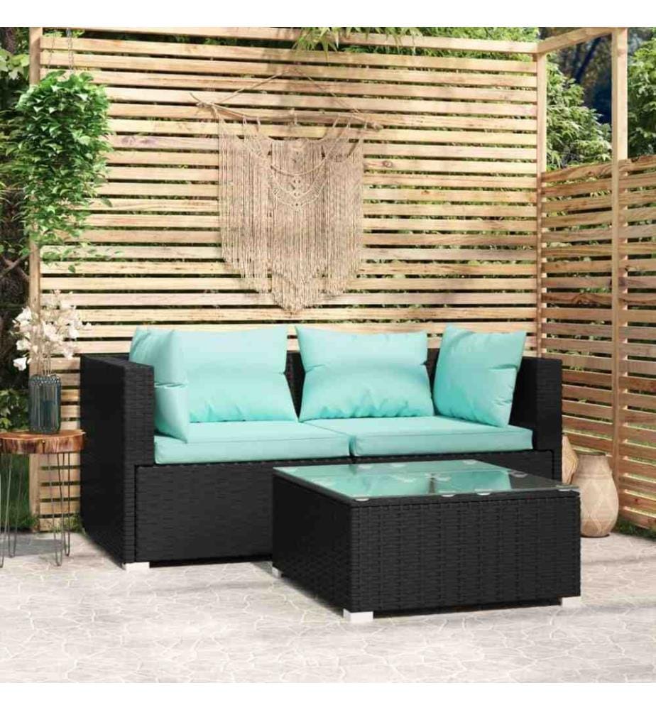 3-tlg. Garten-Lounge-Set mit Auflagen Schwarz Poly Rattan