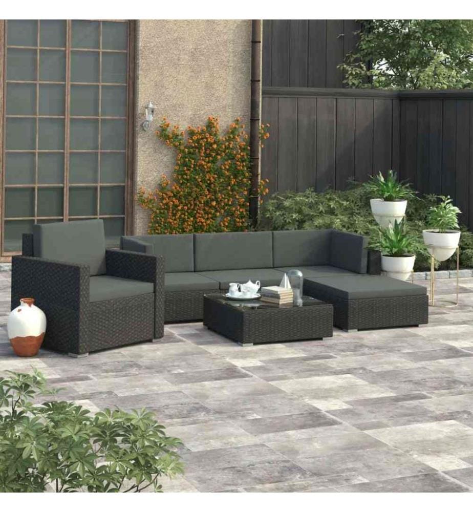 6-tlg. Garten-Lounge-Set mit Auflagen Poly Rattan Schwarz