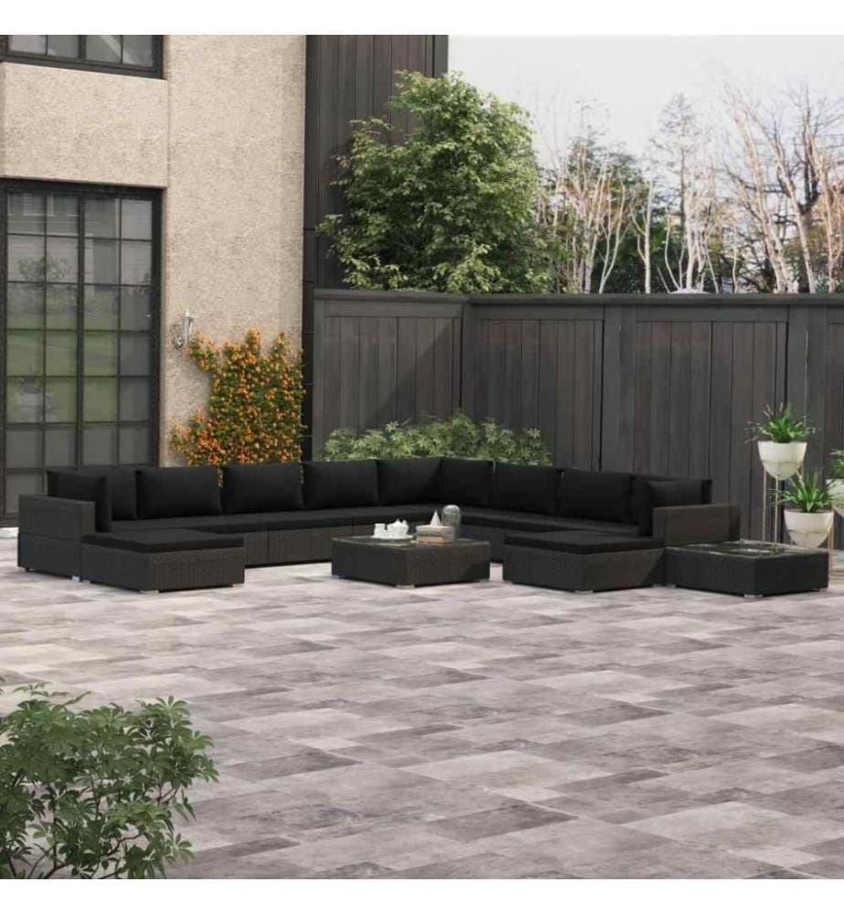 12-tlg. Garten-Lounge-Set mit Auflagen Poly Rattan Schwarz
