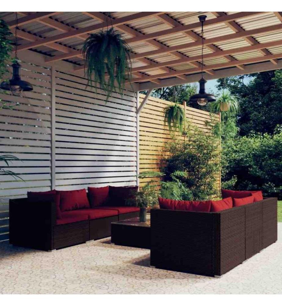 Salon de jardin 7 pcs avec coussins Résine tressée Marron