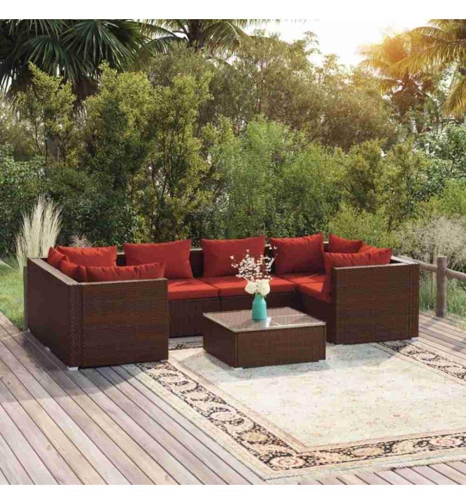 Salon de jardin 7 pcs avec coussins Résine tressée Marron