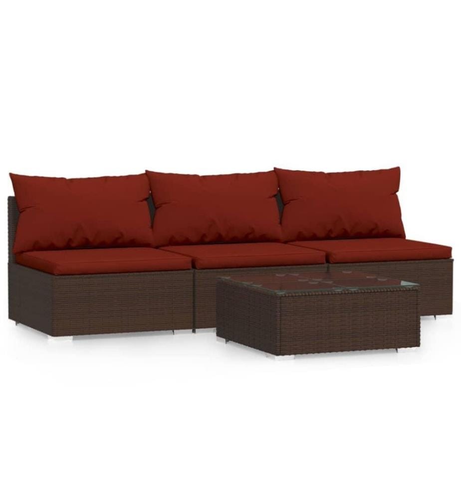 4-tlg. Garten-Lounge-Set mit Kissen Braun Poly Rattan