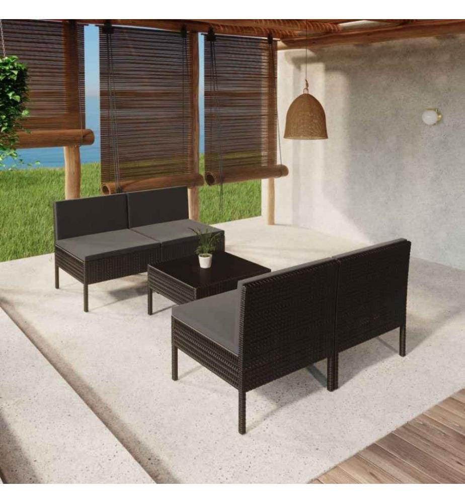5-tlg. Garten-Lounge-Set mit Auflagen Poly Rattan Schwarz