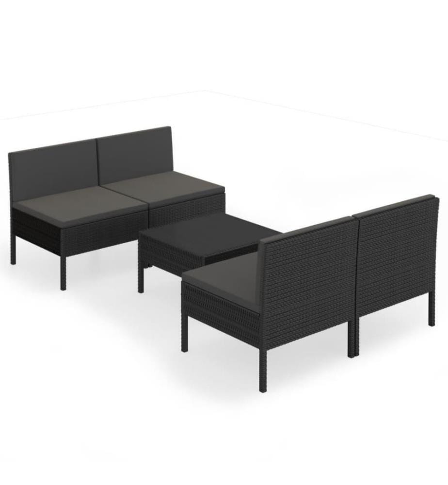 5-tlg. Garten-Lounge-Set mit Auflagen Poly Rattan Schwarz