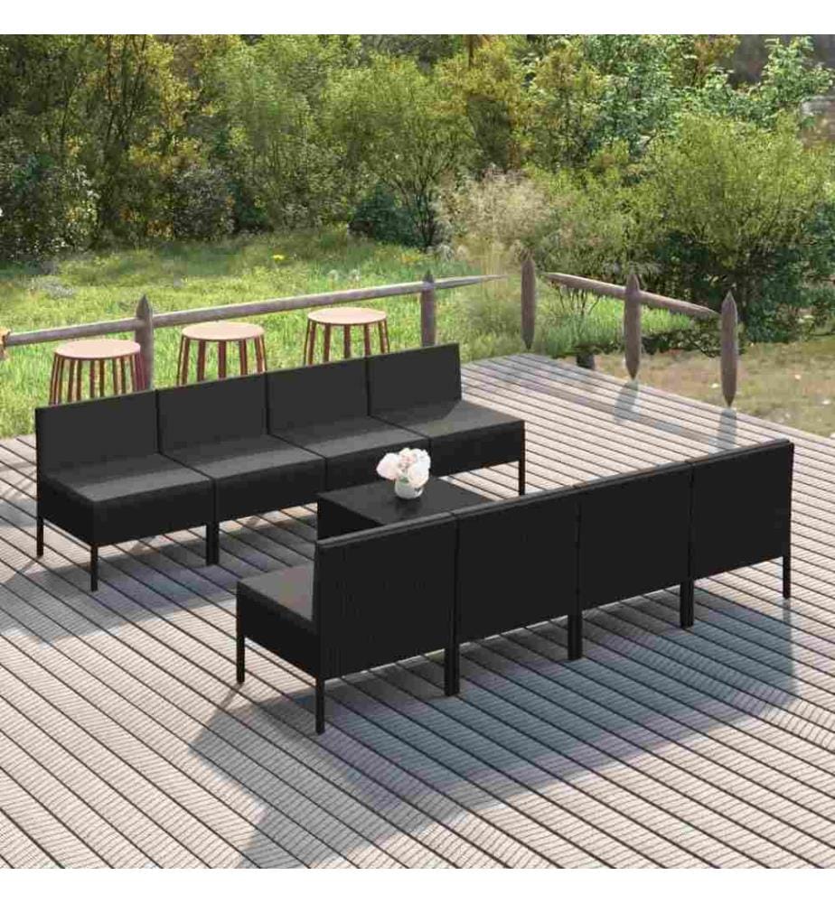 9-tlg. Garten-Lounge-Set mit Auflagen Poly Rattan Schwarz