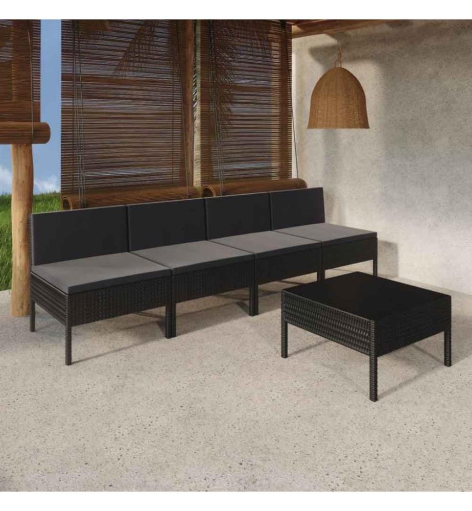 5-tlg. Garten-Lounge-Set mit Auflagen Poly Rattan Schwarz