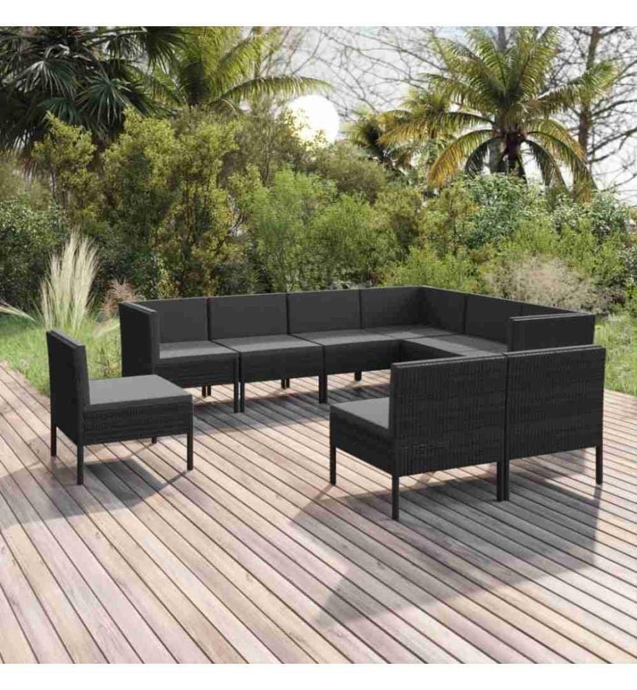 9-tlg. Garten-Lounge-Set mit Auflagen Poly Rattan Schwarz