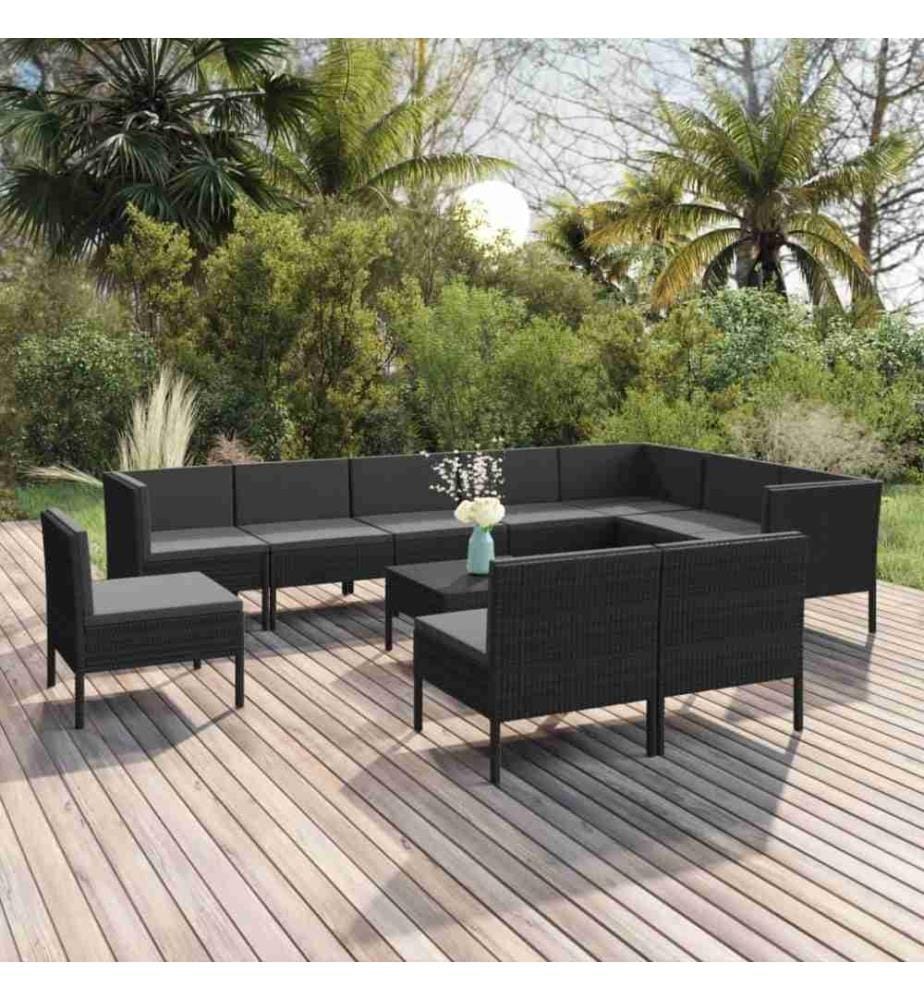 11-tlg. Garten-Lounge-Set mit Auflagen Poly Rattan Schwarz
