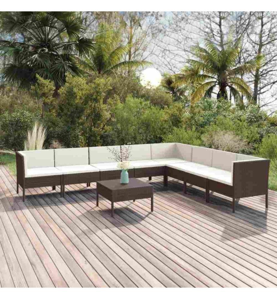 9-tlg. Garten-Lounge-Set mit Auflagen Poly Rattan Braun