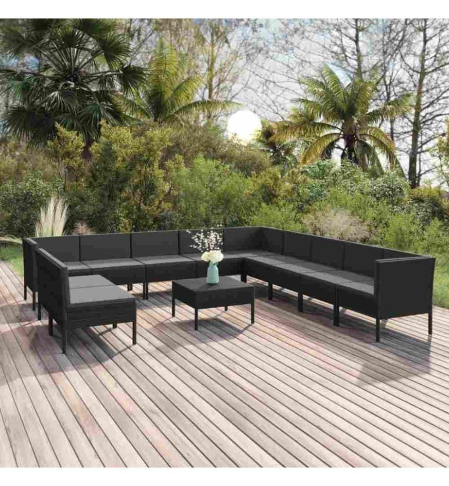 12-tlg. Garten-Lounge-Set mit Auflagen Poly Rattan Schwarz